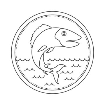 sketch silhouette of circular emblem with waves of sea and trout fish vector illustration