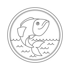 sketch silhouette of circular emblem with waves of sea and largemouth bass fish vector illustration