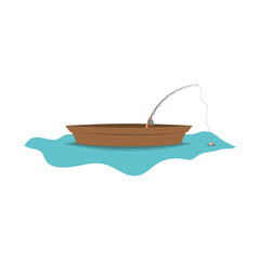 color silhouette wooden fishing boat in lake and rod vector illustration