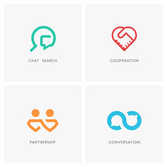 Cooperation logo set. Chat search, handshake, business partners, infinity conversation and heart symbol - partnership, teamwork, dialogue and love icons.