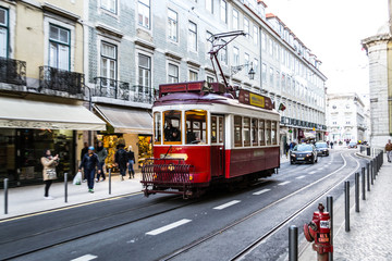 Naklejka na ściany i meble Red tram in Lisbon (Portugal)
