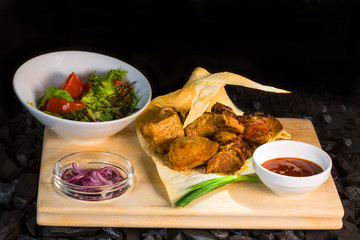 Barbecue. Fried shish kebab from pork meat. Fried chicken meat. Lamb on charcoal