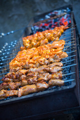 Barbecue. Fried shish kebab from pork meat. Fried chicken meat. Lamb on charcoal
