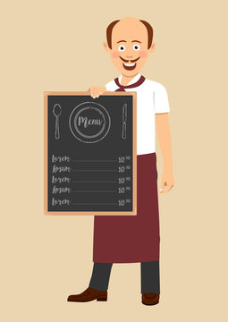 Bald Chef With Mustache Holding Menu Blackboard With Text