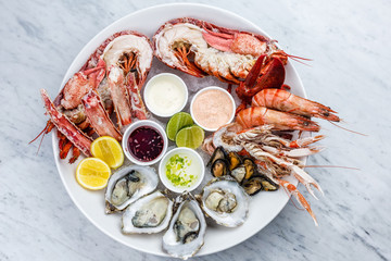 Fresh seafood platter with lobster, mussels and oysters