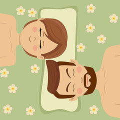 Young couple having relaxing flower treatment in spa salon lying on massage desk