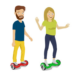 Young couple riding gyroscope, personal eco transport, gyro scooter, smart balance wheel. New modern technologies