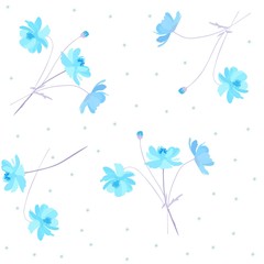 Fototapeta na wymiar Cute ditsy floral pattern with sunny blue abstract cosmos and forget me not flowers, isolated on white background.