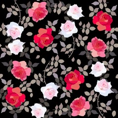 Naklejka premium Seamless floral pattern with red and white roses on black background.