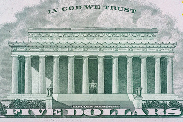 Lincoln Memorial depiction of the US Five Dollar Bill. 