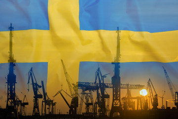 Industrial concept with Sweden flag at sunset