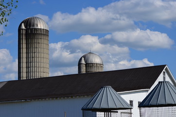 Fototapeta na wymiar Rooftops of barn, silos and corn cribs