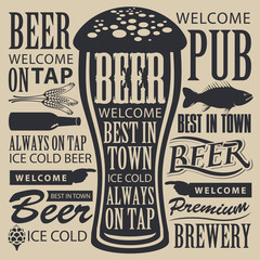 Vector banner for brewery or brasserie with overflowing beer glass and lettering on the beer theme in a retro style on the beige background