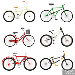 Set of sports bicycles. Realistic. 3D. Different colors. Isolated on white background.