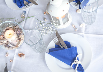decor of dining table, blue and white color.