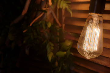 Retro beautiful lamp lights on garland with colored lights on dark background with fern leaves decoration on wooden shutters