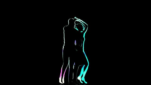 Silhouette of dancers crafted in computer graphics on black background