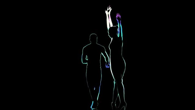 Silhouette of pair of dancers on black background dancing latin