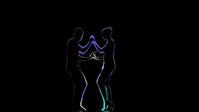 Silhouette of pair of dancers in computer graphics dancing latin