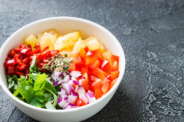 Not mixed pineapple salsa with chili, onion, mint