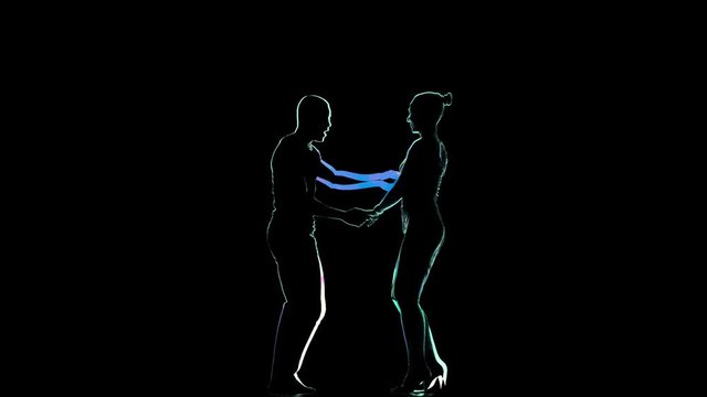 Computer graphics, pair of dancers perform Social dance. Black background