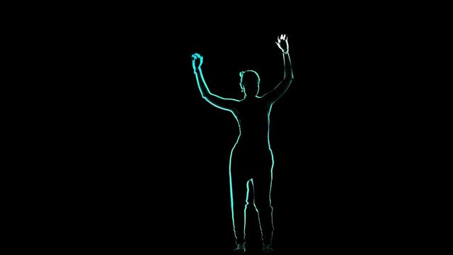 Computer graphics, woman dancer perform Latin dance on black background