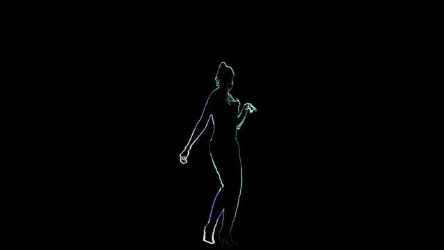 Computer graphics, silhouette woman perform salsa on black background