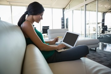 Fototapeta na wymiar Side view of woman using laptop on sofa at office