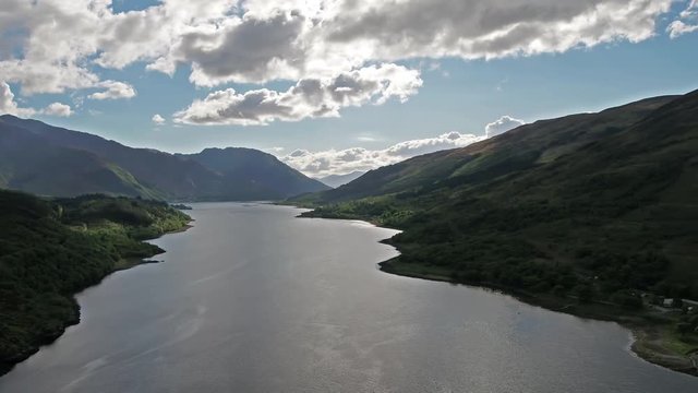 Flying over Loch Leven towards Caolasnacon, Lochaber - panning shot