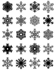 Set of different black snowflakes on a white background