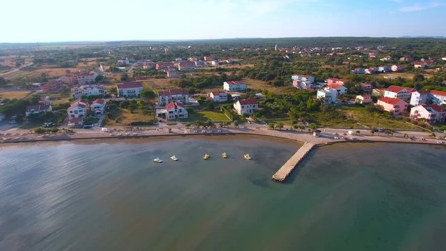 Aerial holiday beach in Zaton early in the morning 4K