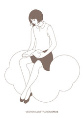 Girl reading sitting on a cloud. Isolated. Vector Illustration outlines.