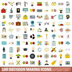100 decision making icons set, flat style