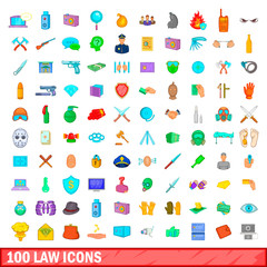 100 law icons set, cartoon style