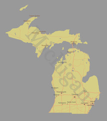 Michigan detailed exact detailed vector State Map with Community Assistance and Activates Icons Original pastel yellow Illustration with main roads. United States of America