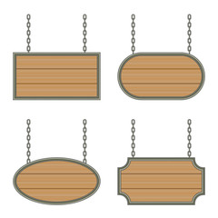 wooden sign with iron frame on the chains. vector