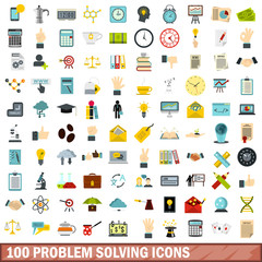 100 problem solving icons set, flat style