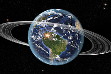 Earth from space showing South America with Saturn like rings around. Elements of this image furnished by NASA.