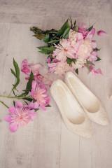 Flowers bouquet pink peone with shoes