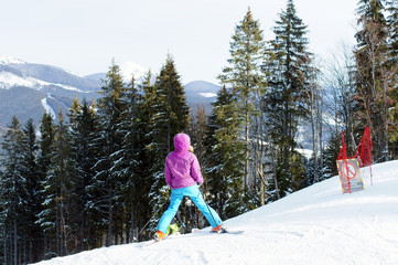Skiing in winter at a ski resort in the Carpathians, Bukovel