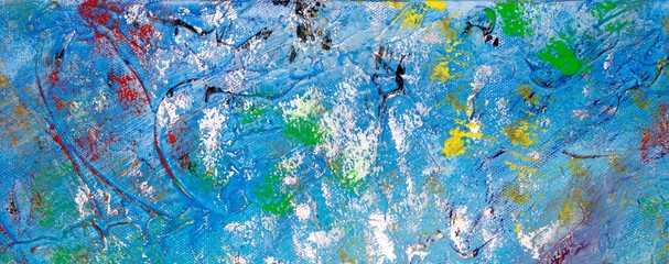 Fototapety  Hintergrund in Blau mit bunten Bereichen auf Leinwand, Acryl-Struktur-Gel und Gouache-Farbe 