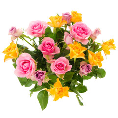 Bouquet of pink and yellow roses on white (1x1).