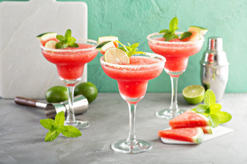 Refreshing summer watermelon margaritas with lime