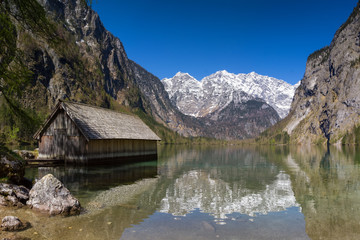 Fototapeta premium Panorama of the boat house at Lake Obersee