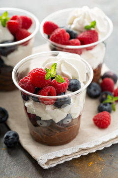 Chocolate pudding dessert with fresh berries