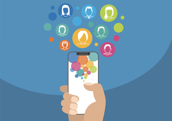 Social network vector illustration with icons. Hand holding modern bezel-free / frameless smartphone on blue background