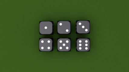 Casino theme, plastic red dices on green cloth of casino table, 3d illustration