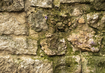 Cracked old stone wall background, grunge texture close up.