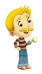 Cartoon man standing with a cup and drinking something - isolated illustration for children 