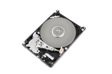 Inside of computer hard disk drive close up HDD isolated on white background